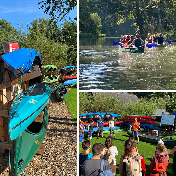 Bildkollage von mehreren Personen bei einem Paddelausflug.