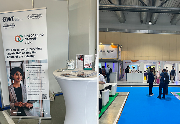 Informationsstand mit Stehtisch zum Onbarding Campus