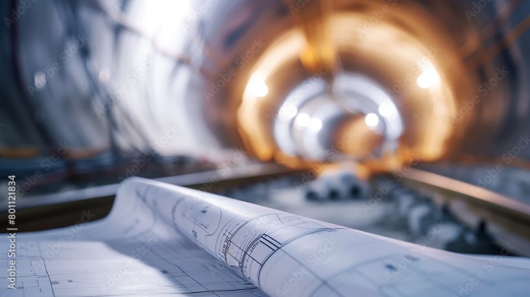 ein Bauplan, im Hintergrund ist eine Tunnelröhre zu sehen